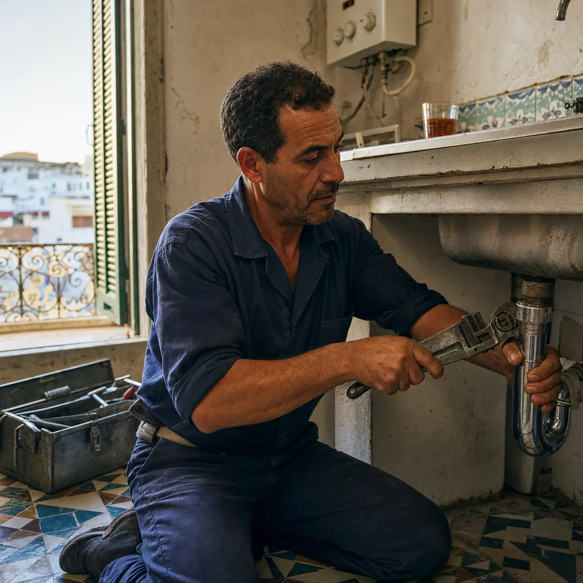Plombier au travail dans une cuisine à Tanger